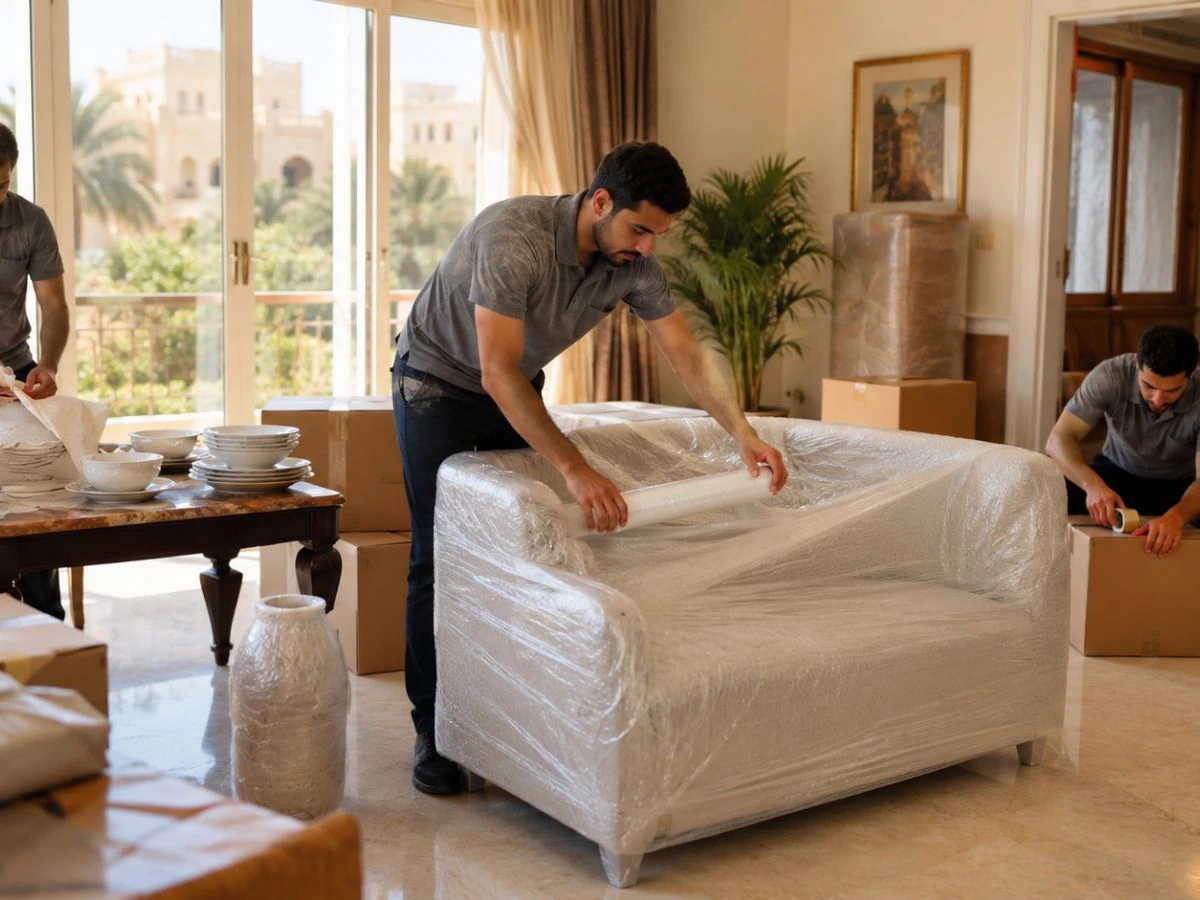 فريق الجوهرة يغلف الأنتريه بعناية قبل النقل